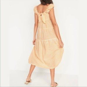 Yellow Seersucker Gingham Tiered Smocked Tie-Back Midi Dress